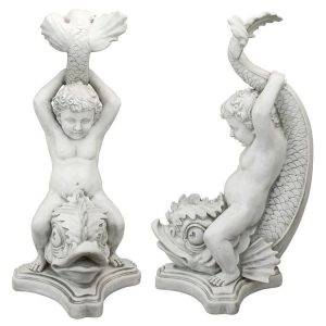 Boy On Dolphin Classical Garden Statue: Set Of Two