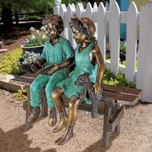 Read To Me, Boy And Girl On Benchcast Bronze Garden Statue
