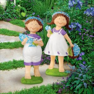 Bluebonnet Twins Springtime Children Garden Statues: Set Of Two