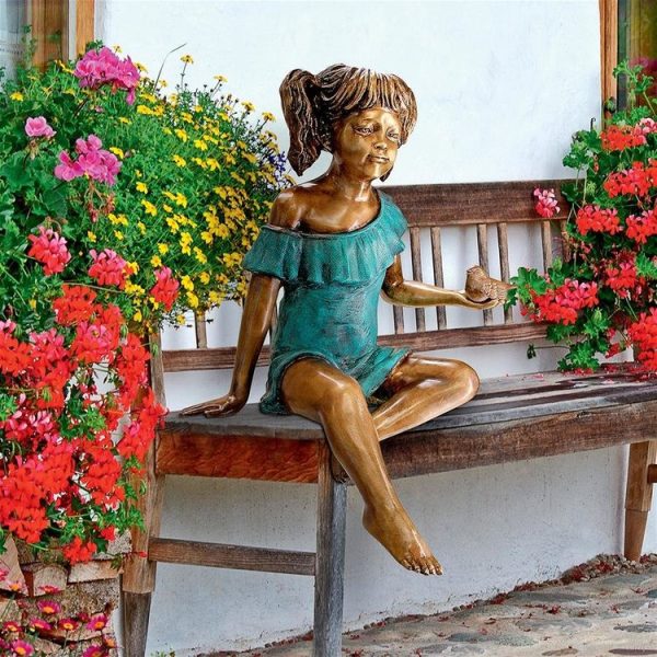 Bridgette With Bird, Little Girl Cast Bronze Garden Statue