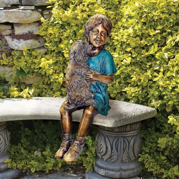 Puppy Kisses, Sitting Girl Cast Bronze Garden Statue