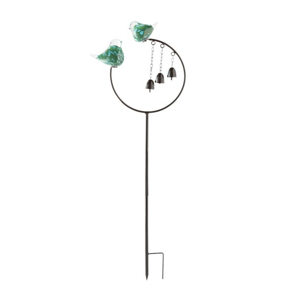 Metal Garden Stake with Two Blown-Glass Birds and Three Bells